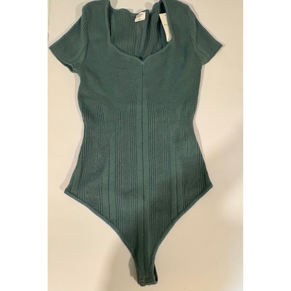 Abercrombie & Fitch Ribbed Knit Bodysuit Teal Green V-Neck Short Sleeve Med NWT